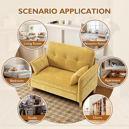 Urhanherry 47" Small Sofa Couch for Bedroom, Soft Chenille loveseat Mini Couch with Throw Pillow and Removable Cushion Cover for Small Spaces, Living Room, Apartment, Dorm, Office(Yellow)