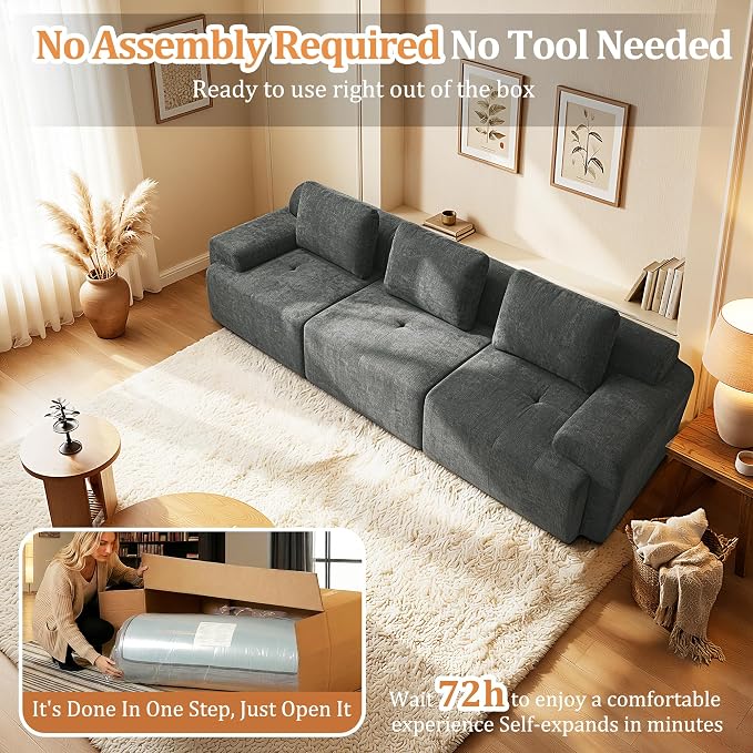 122" U Shaped Boneless Couch, Comfort Cloud Sectional Couches for Living Room, Modular Sofa High Back & Extra Deep Seat, No Assembly, Soft Chenille Fabric (Dark Grey, 122 inch-（3+0）)