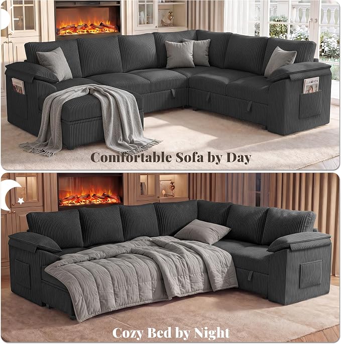 108 Inch Sectional Sleeper Sofa Bed with Pull Out Couch, U Shaped 7 Seat Cloud Modular Sectional Sofa with Storage, Corduroy Sectional Couches for Living Room, Removable Sofa Cover, Dark Grey