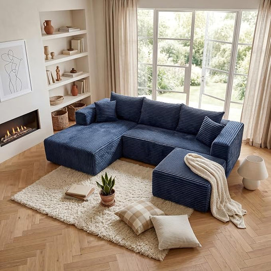 92.5'' U-Shaped Boneless Couches, Sectional Sofa with Deep Seat with Ottoman, Corduroy Modular Sectional Sofa, Convertible Cloud Couch with Oversized Deep Seats No Assembly Needed