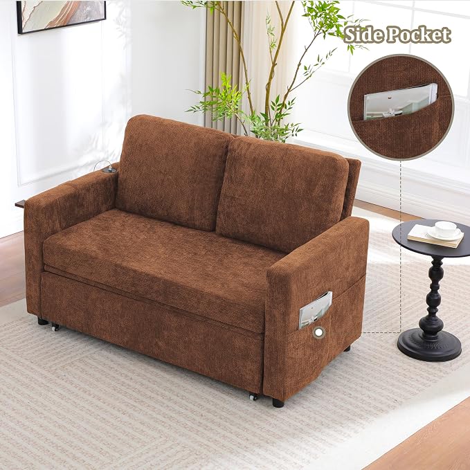 3 in 1 Folding Convertible Sleeper Sofa Bed Pull Out Couch with Side Pockets USB Port Side Table Loveseat Sofa Bed with Adjustable Backrest for Living Room Bedroom 66" Orange 2 SEAT