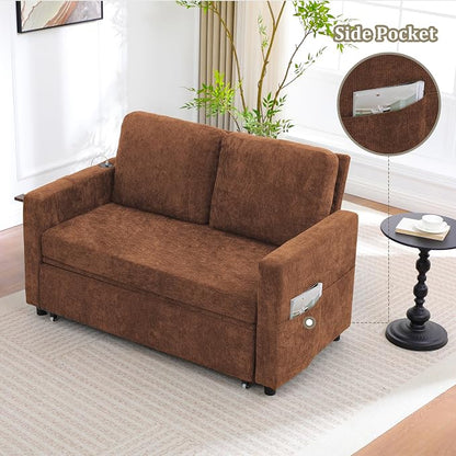 3 in 1 Folding Convertible Sleeper Sofa Bed Pull Out Couch with Side Pockets USB Port Side Table Loveseat Sofa Bed with Adjustable Backrest for Living Room Bedroom 66" Orange 2 SEAT