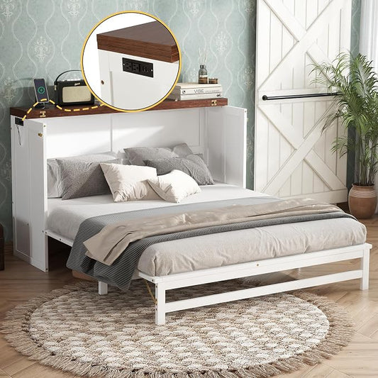 PVWIIK Queen Murphy Bed with Drawer & Charging Station for Bedroom,Home Office, Studio,Guest Room,Queen Size Solid Wood Bed Frame Murphy Bed with USB Port for Bedroom,White-Walnut