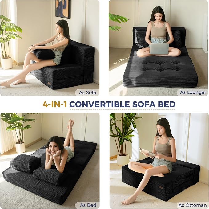 MAXYOYO Convertible Sofa Bed, Fold Out Sofa Couch with Pillow, 4 in 1 Tufted Folding Couch Bed Foam Floor Couch, Lazy Chair for Living Room Bedroom Guest Room, Black