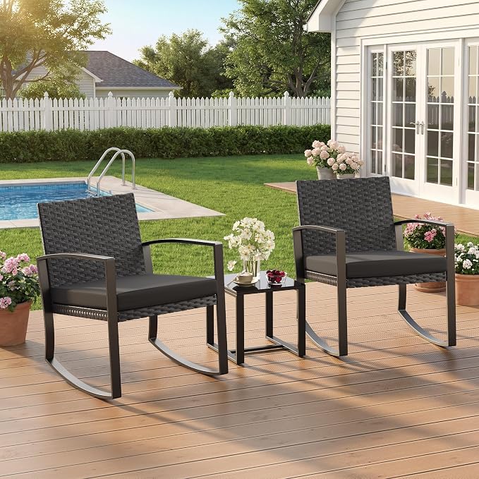 Qsun 3 Pieces Patio Furniture Set Rocking Bistro Set, Outdoor Patio Furniture Set with Coffee Table for Garden Balcony Backyard Poolside (Black Cushion)