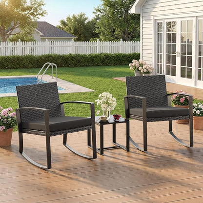 Qsun 3 Pieces Patio Furniture Set Rocking Bistro Set, Outdoor Patio Furniture Set with Coffee Table for Garden Balcony Backyard Poolside (Black Cushion)