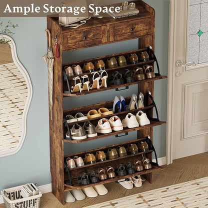 BORNOON Shoe Storage Cabinet for Entryway, Farmhouse Narrow Shoe Cabinet with 3 Flip Drawers & 2 Top Drawers, Adjustable Shelves & Hooks, Freestanding Hidden Rack Organizer for Hallway, Foyer