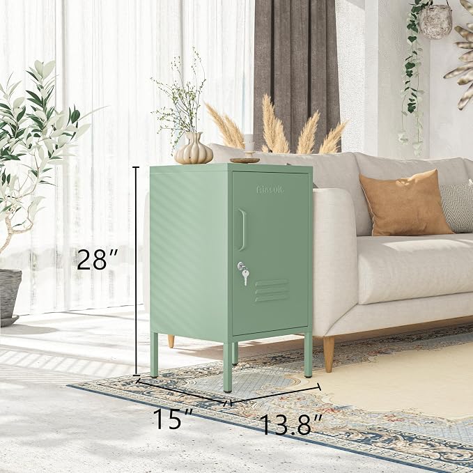 Single Door Lockable Metal End Table & Children's Bedside Table, 2-Tier Storage Cabinet with Adjustable Shelf, Easy Assembly Side Table for Living Room Bedroom Home Office Green