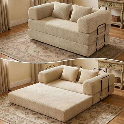 ZEIINPA 59“ Convertible Floor Sofa Bed, 5-in-1 Futon Sofa Bed Pull Out Sleeper Couch, Modern Corduroy Compressed Loveseat, Modular Boneless Couches for Living Room, No Assembly Required, Beige