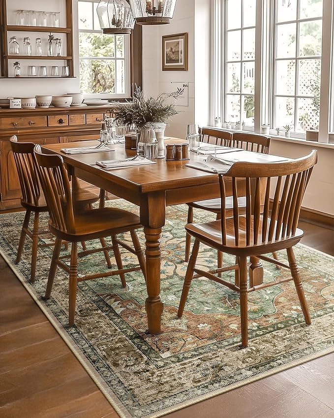 RELEANY Area Rugs 5'x7' Washable Non-Slip, Floral Vintage Distress Medallion Carpet for Living Room Bedroom Dining Room, Terracotta Burnt Orange Green