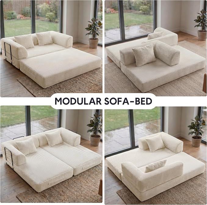 59“ Convertible Floor Sofa Bed, 5-in-1 Futon Sofa Bed Modular Sleeper Couch, Corduroy Pull Out Loveseat with Curved Armrest, Boneless Couches for Living Room, No Assembly Required, Beige White