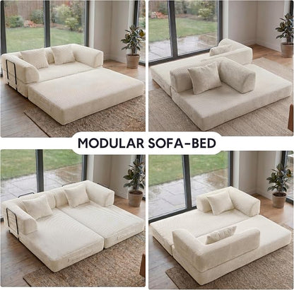 59“ Convertible Floor Sofa Bed, 5-in-1 Futon Sofa Bed Modular Sleeper Couch, Corduroy Pull Out Loveseat with Curved Armrest, Boneless Couches for Living Room, No Assembly Required, Beige White