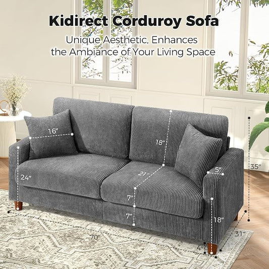 Kidirect 70in L Shaped Couch, Modular Sofa No Tool Assembly, Comfy Sectional Couches for Living Room 21in Deeper Seats, Corduroy Sofas for Living Room with 2 Pillows, Loveseat Sofa Set, Grey Couch