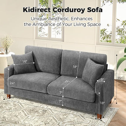 Kidirect 70in U Shaped Couch, Modular Sofa No Tool Assembly, Comfy Sectional Couches for Living Room 21in Deeper Seats, Corduroy Sofas for Living Room with 2 Pillows, Loveseat Sofa Set, Grey Couch