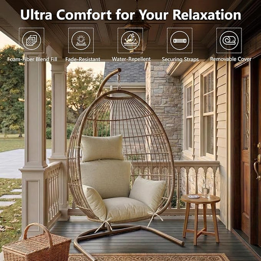 Egg Chair Cushion with 8 Securing Straps, Water-Repellent & Fade-Resistant Faux Linen, Removable Cover, Replacement Cushion for Most Single Outdoor Hanging Swing Egg Chairs – Nature