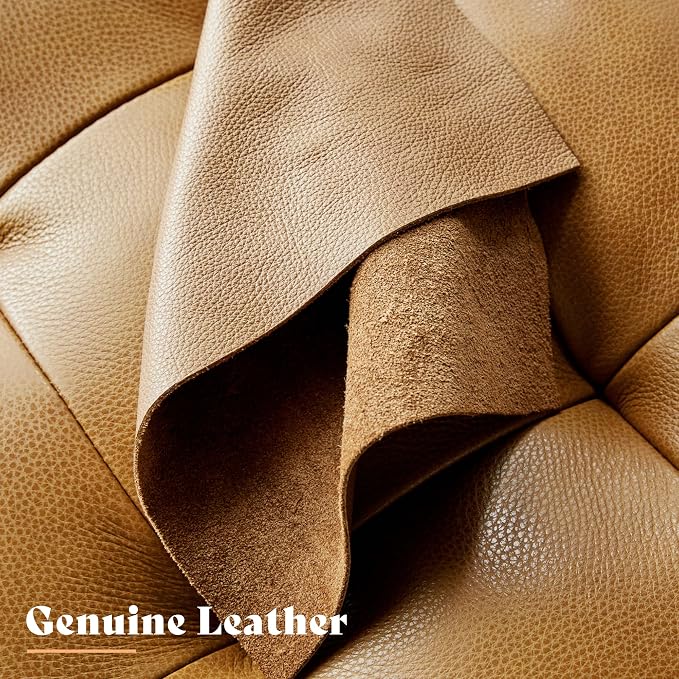 AMERLIFE 80" Leather Sofa, Modern Chesterfield Genuine Leather Sofa, Tufted 3 Seater Brown Leather Couch with Curved Arms, Leather Couches for Living Room