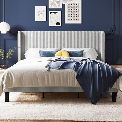 Allewie King Size Bed Frame with Upholstered Wingback Headboard, Vertical Channel Tufted Corduroy Velvet Platform Bed, Strong Wooden Slats Support, No Box Spring Needed, Easy Assembly, Light Grey