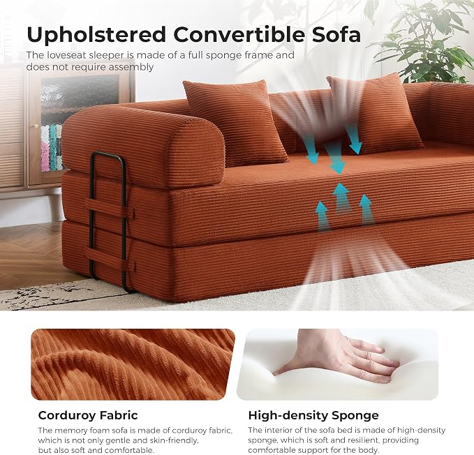 79" 5-in-1 Convertible Sofa Bed No Assembly, Boneless Couch Bed with High Density Foam, Foldable Sleeper Sofa, Corduroy Modular Couch for Apartment, Studio, Dorm Room, Small Space, Orange