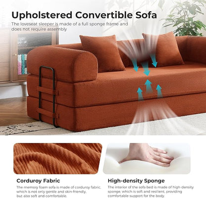 79" 5-in-1 Convertible Sofa Bed No Assembly, Boneless Couch Bed with High Density Foam, Foldable Sleeper Sofa, Corduroy Modular Couch for Apartment, Studio, Dorm Room, Small Space, Orange
