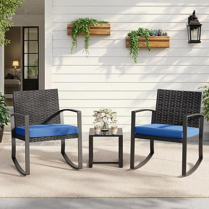 Qsun 3 Piece Patio Bistro Set Patio Furniture Set Outdoor Wicker Rocking Furniture Conversation Set with Tempered Glass Coffee Table for for Front Porch Balcony and Deck (Blue Cushion)