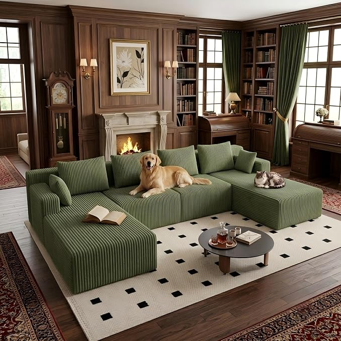 142" Oversized Cloud Modular Sectional Sofa Boneless Couches with Double Chaise Lounge and Deep Seat, Fluffy Corduroy Upholstered Compressed Lounge Sofa & Couches for Living Room