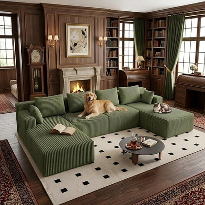 142" Oversized Cloud Modular Sectional Sofa Boneless Couches with Double Chaise Lounge and Deep Seat, Fluffy Corduroy Upholstered Compressed Lounge Sofa & Couches for Living Room