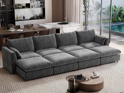 Ihanherry 152" Oversized Modular Sectional Sofa, Modern Cloud Couch with 4 Storage Ottoman, 8-Seat Comfy Chenille Deep Seat Sofa with 2 Pillows for Living Room, Grey