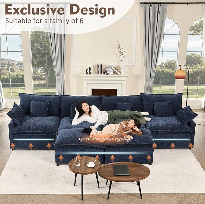 GOSUHI 142.5" U-Shaped Modular Cloud Couch, Deep Seat, Chenille Navy | Cloud Comfort, Couches for Living Room, Removable & Machine-Washable Covers, Movable Ottoman, Modular Sectional Sofa