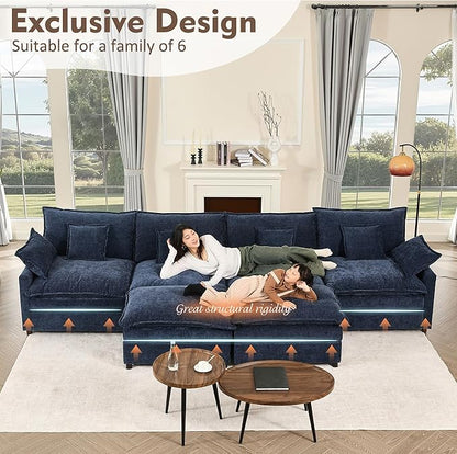 GOSUHI 142.5" U-Shaped Modular Cloud Couch, Deep Seat, Chenille Navy | Cloud Comfort, Couches for Living Room, Removable & Machine-Washable Covers, Movable Ottoman, Modular Sectional Sofa