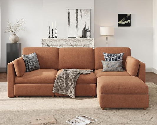 Oversized Modular Sectional Sofa L-Shaped Cloud Couches Brown | 116'' Deep Seat Couch for Living Room, 4-Seater Luxury Corner sofa with Ottoman, Solid Wood Frame, Removable Washable Cover