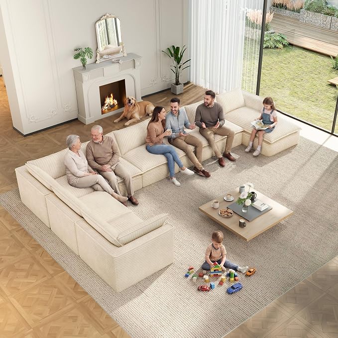 Vesgantti 141.7" Oversized Sectional Boneless Couch, Modern 7 Seater Modular Sofa with Chaise & Ottoman, Deep Seat Plush Corduroy Cloud Couches for Living Room, No Assembly Required, Beige