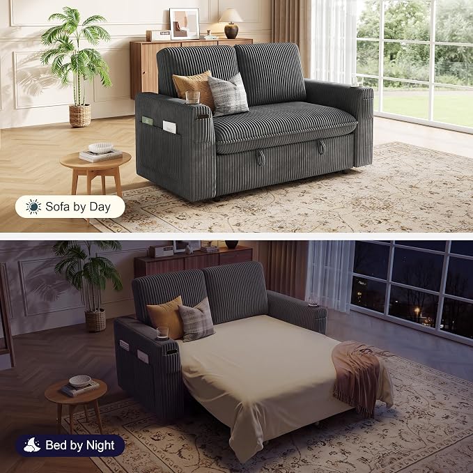 Sleeper Sofa with Pull Out Bed, Plush Corduroy Convertible Sofa Bed with Adjustable Backrest and Cup Holders, Loveseat Sleeper Couches for Living Room, Apartment, Light Grey