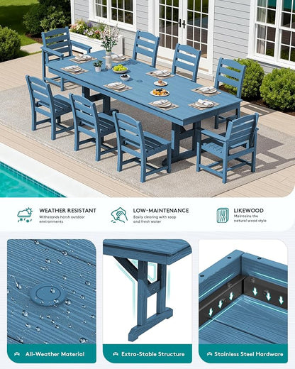 SERWALL 9 Piece 84" HDPE Outdoor Dining Set with 6 Armless Chairs, 2 Armchairs and Umbrella Hole for 8, Blue
