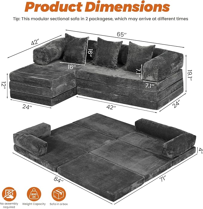 6-in-1 Boneless Couches L-Shaped Modular Sectional Sofa | Cloud Couch Sectional & Tri-Folding Mattress | Corduroy Pet-Friendly Convertible Sofa Bed with 800LB Capacity Apartment, Guest Room