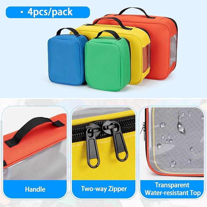 Rexmica 4-piece Toy Storage Organizer Bag, Travel Organizer Case for Building Blocks, Dolls, Crafts, Magnetic Building Tiles, Blocks Toy Storage Bag with Visible Top