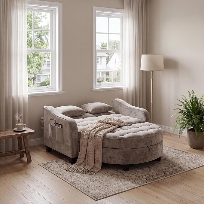 ERYE Chenille Tufted Loveseat Sofa and Ottoman Set, Tufted Recliner Sleeper Chaise Lounge with Curved Storage Ottoman,Reclining Backrest and Side Pockets, 4 Pillows