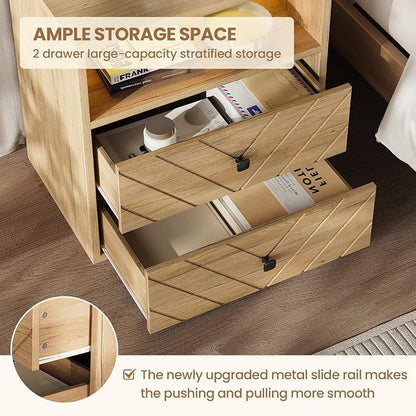 Modern Nightstand with Charging Station,LED Bedside Table with 2 Storage Drawers and Open Storage Cabinet,Wood Large End Table for Bedroom Furniture,Oak