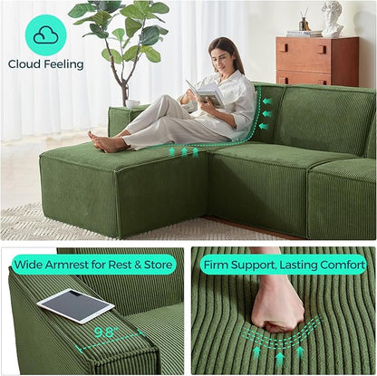 LINSY HOME Modular Sectional Sofa, 134" Boneless Couch L Shaped 4-Seat Sofa with Movable Ottoman, Corduroy Sectional Cloud Couches for Living Room, No Assembly Required, Green