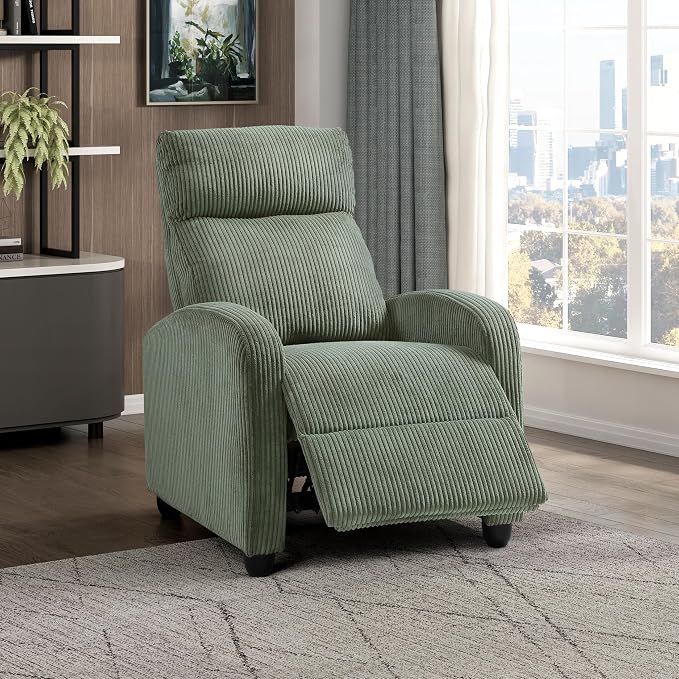 Lexicon Corduroy Pushback Recliner Chair Armchair Push Back Recliner, Solid Wood Frame and Metal Seat Base, Soft Single Sofa Accent Chair for Living Room/Office/Apartment, Easy Assembly, Green
