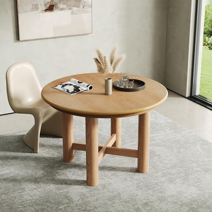 LUMISOL Extendable Round Dining Table for 4-6 People, 47”-63” Oval Kitchen Table with 16” Removable Leaf and Solid Wood Legs for Kitchen, Dining Room, Natural