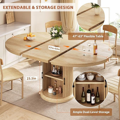 Jocoevol 47″–63″ Extendable Round Kitchen Dining Room Table for 4-6 with 2-Tier Storage Shelf Dust-Proof, Space Saving Expandable Wood Oval Circle Dinner Furniture with Pedestal Base (Natural Oka)