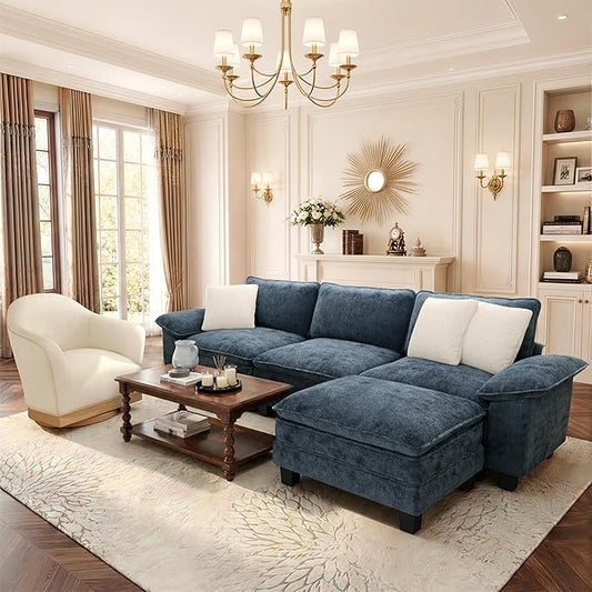 PHI VILLA Cloud Modular Couch Sets with Swivel Accent Chair, 123.6" Sectional Sofa with L-Shaped Chaise, 4-Seater Couches with Ottoman for Living Room, Chenille Dark Cyan Sofa & Corduroy Beige Chair