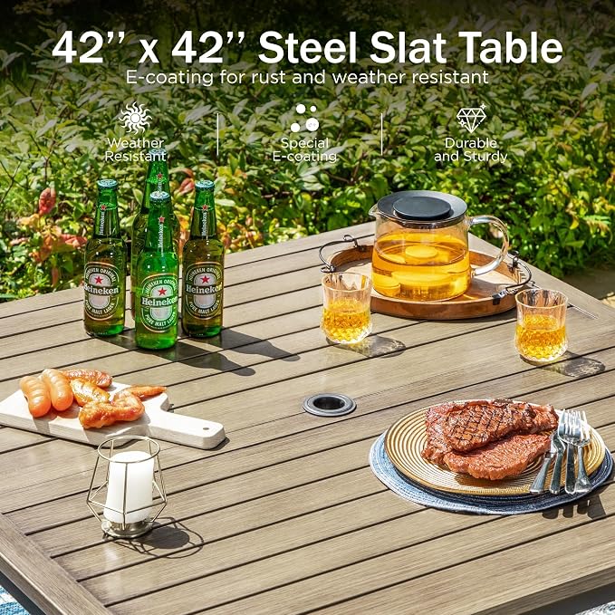 PHI VILLA 5 PCS Patio Dining Set, 4 Patio Swivel Dining Chairs & Square Brown Metal Slat Table Top with 1.57" Umbrella Hole, Outdoor Table and Chairs for All Weahter