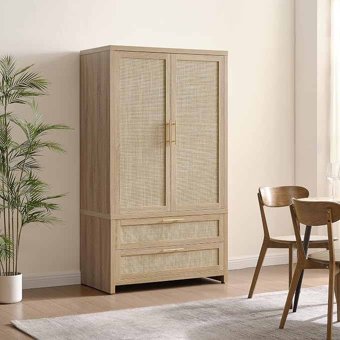 SICOTAS Rattan Armoire Wardrobe Closet Cabinet, 71" Wardrobe Storage Cabinet with 2 Drawers, and Hanging Rod, Boho Large-Capacity Deep Armoire Clothes Organizer for Bedroom, Cloak Room, Light Oak
