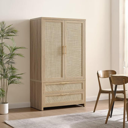SICOTAS Rattan Armoire Wardrobe Closet Cabinet, 71" Wardrobe Storage Cabinet with 2 Drawers, and Hanging Rod, Boho Large-Capacity Deep Armoire Clothes Organizer for Bedroom, Cloak Room, Light Oak