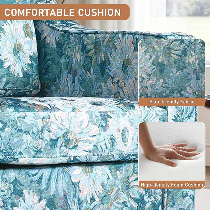 Swivel Accent Chairs Set of 2, 360° Swivel Upholstered Club Armchairs for Living Room, Comfy Fabric Single Sofa Reading Chair with Deep Seat, Metal Swivel Base, Cyan Blooms