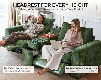 138.6'' Oversized Power Recliner Sofa with Headrest, Modular Cloud Sectional Couch with Convertible Table, Charging, Drawer, Cup Holder, 4-Seater with Storage Ottoman, Chenille, Green