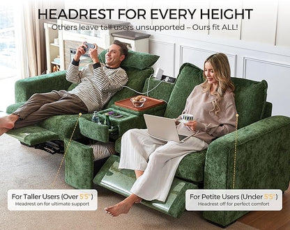 124.8'' Oversized Power Recliner Sofa with Headrest, Extra Wide Modular Cloud Sectional Reclining Couch, Convertible 4-Seater with Storage Ottoman for Home Theater Living Room, Chenille, Green