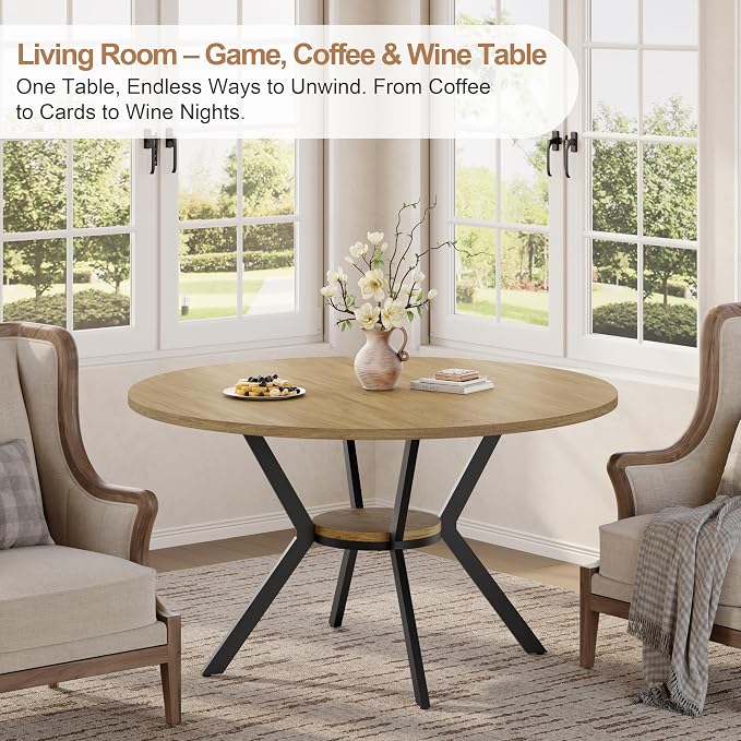 MECHYIN 42'' Round Dining Table for 2–4, Farmhouse Round Kitchen Table with Storage Shelf, Pedestal Dinner Table, Wood Top & Metal Base, Small Space Table for Apartment, Dining Room, Light Oak