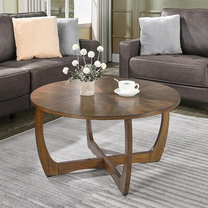 Round Wood Coffee Table, Solid Hardwood Coffee Tables for Living Room, Mid-Century Modern Coffee-Table with Criss-Cross Legs, 33.5" D x 17.7" H, Designed Home Furniture, Easy Assembly, Center Table